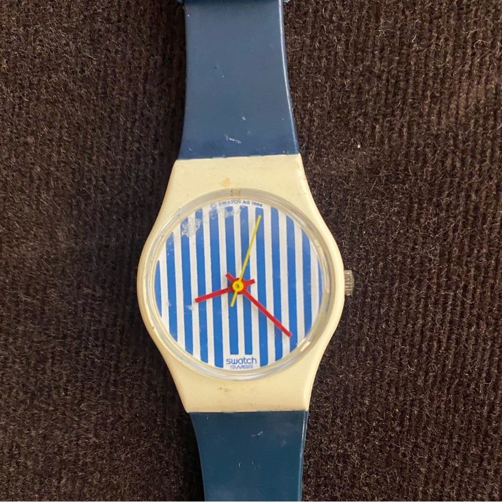 Swatch Blue and White Striped Dial Watch with Navy Strap